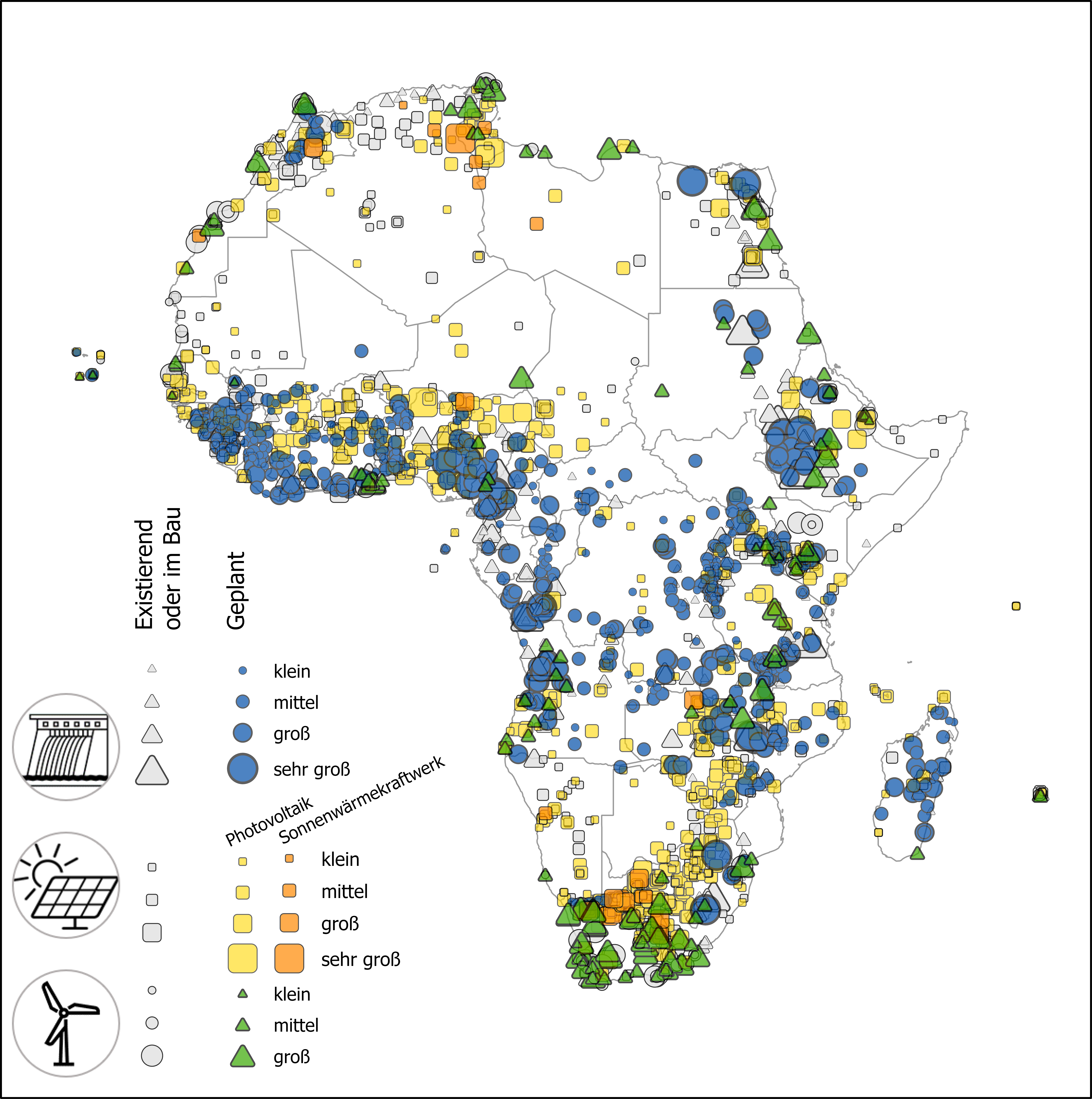 Existierende und geplante erneuerbare Elektrizitätskraftwerke in Afrika. 