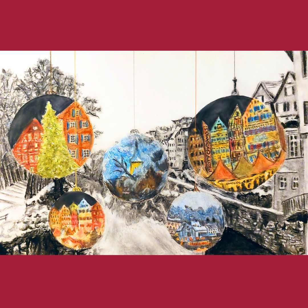 Grußkartenmotiv: Bemalte Weihnachtskugeln vor Neckarfront