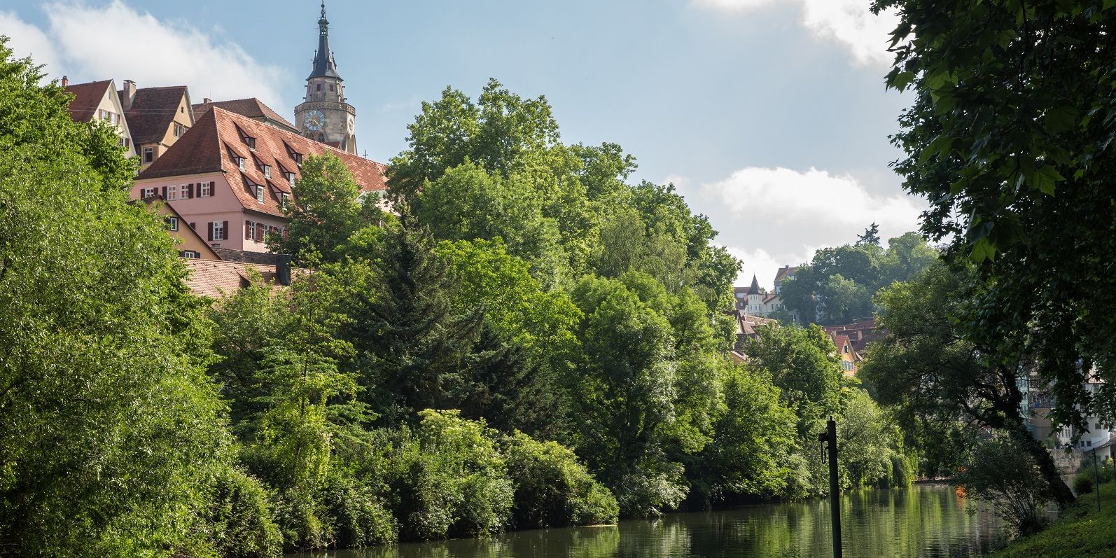 Blick auf den Neckar, im Hintergrund die Stiftskirche