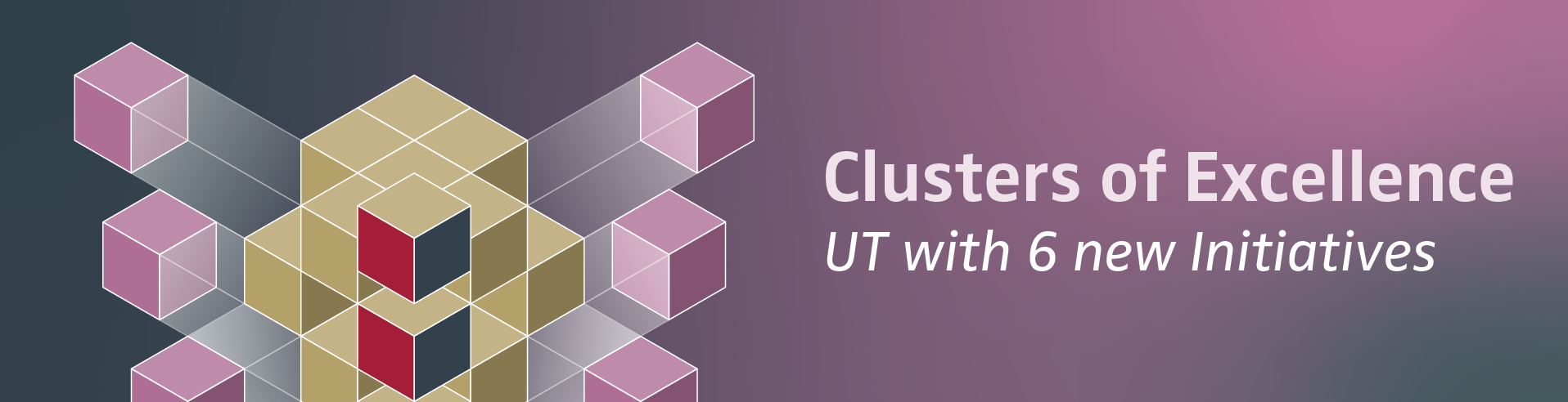 Cube graphic with text: Clusters of Excellence. UT with six new initiatives
