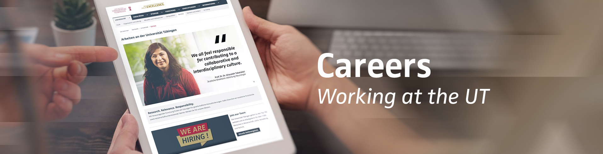 Tablet with Website open. Text: Careers, working at the UT