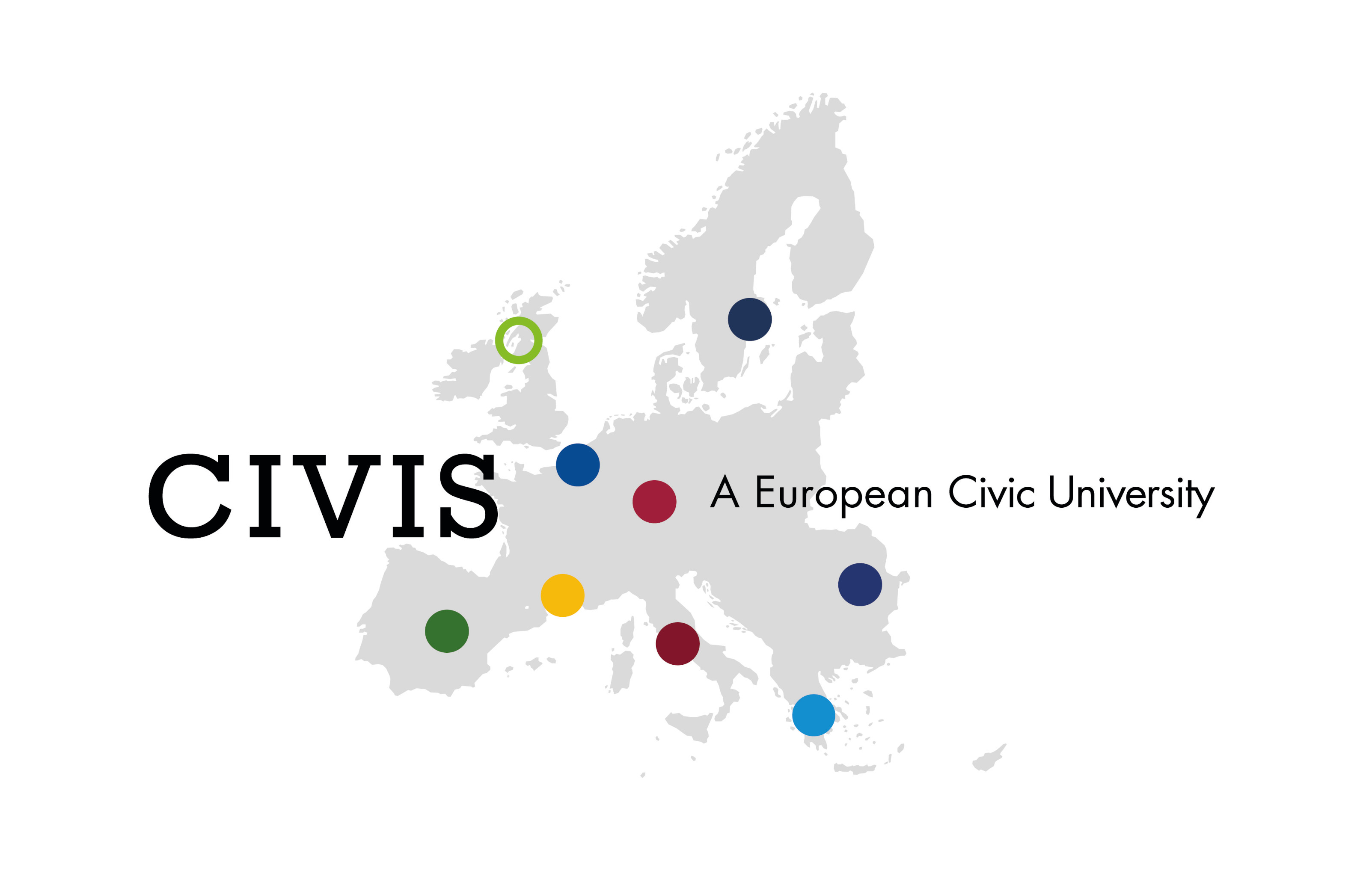 Das Bild zeigt das Logo von CIVIS, eine graue Umrisskarte von Europa, auf der mit bunten Punkten die Standorte der teilnehmenden Universitäten markiert sind.