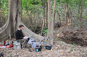 Hearing whispers - Jörg Henninger measures the electrical signals of the knifefish using an electrode lattice in a stream in Panama. Photo: Jan Benda